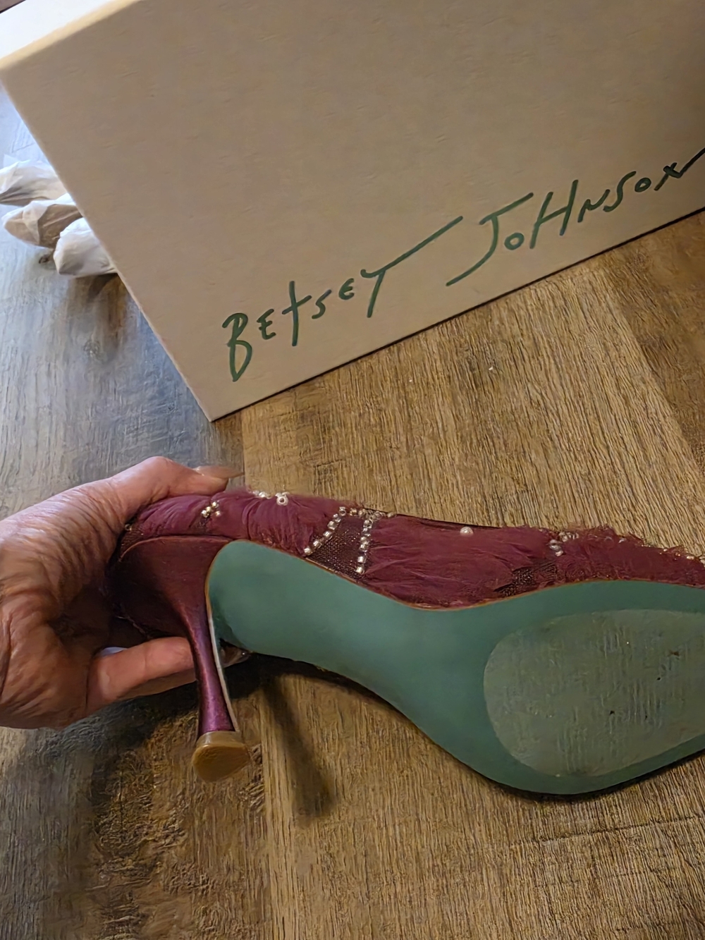 Betsey Johnson Women's Burgundy Pearl Embellished Pointed Toe Pumps - Picture 4 of 7